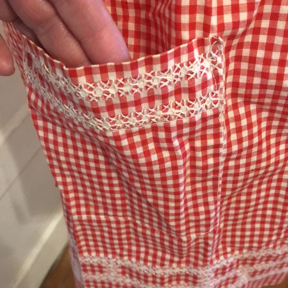 Lot Bundle of 2 Vintage Handmade Red Aprons Pockets